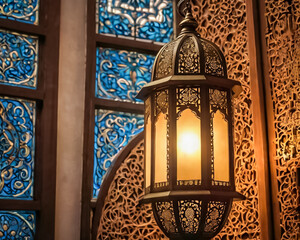 A beautifully crafted antique brass lantern with intricate Islamic patterns glows warmly with a lit candle inside,