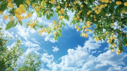 Yellow plums ripe on tree branches, sunny sky, orchard background