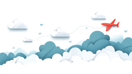 The image is a digital illustration depicting a red airplane flying above a landscape of stylized blue and white clouds. The clouds are rendered in a paper-like texture, suggesting a