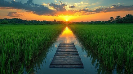 Fototapeta premium Serene Sunset Over Lush Green Rice Field