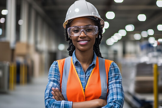 Black female worker in front of factory warehouse - Powered by Adobe