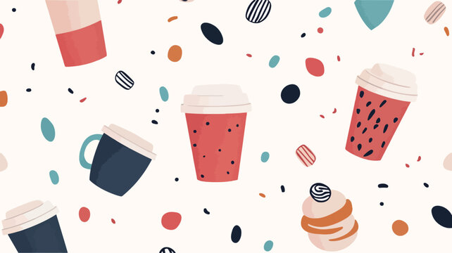 The image is a digital illustration featuring a repeating pattern of stylized coffee cups and confectionery items on a white background.  The cups vary in shape and color, with some showing