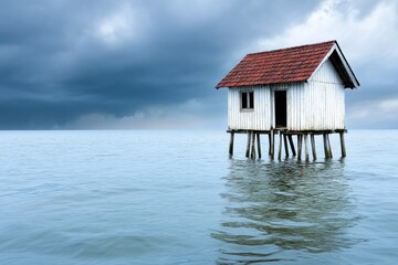 A house on stilts barely above water, surrounded by rising tides and dark storm clouds