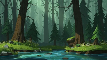 Serene Forest Stream Tranquil Nature Scene Illustration