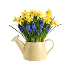 Yellow watering can vase with vibrant yellow daffodils and purple grape hyacinths, isolated, spring decor
