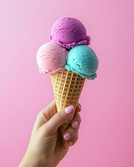 Close-up hand holding tall waffle cone with pastel ice cream scoops isolated on white background. The ice cream balls are stacked in a pyramid one on top of the other. Image on pink background.