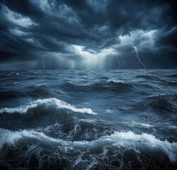 Fototapeta premium Dramatic Thunderstorm Over Rugged Ocean Waves with Dark Clouds and Flashing Lightning in an Intense Atmospheric Display of Nature's Power
