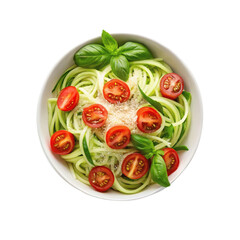Fresh zucchini noodles topped with cherry tomatoes, grated cheese, and basil leaves in a white bowl. Healthy food