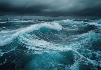 Dramatic Turbulent Ocean Waves Under Dark Storm Clouds Creating a Powerfully Inviting Yet Foreboding Atmosphere of Nature&rsquo;s Wildness