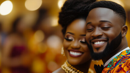 Smiling African couple celebrating love in vibrant traditional wedding attire
