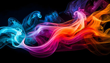 Abstract image of flowing, colorful smoke trails against a dark background