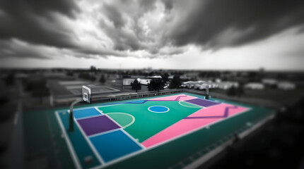 Aerial view of a colorful basketball court in a suburban area under a dramatic, cloudy sky.