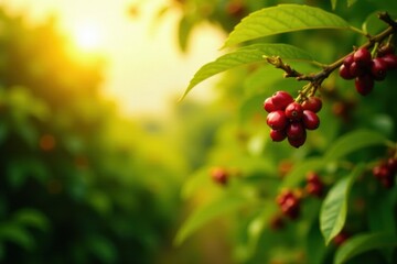 Obraz premium Golden Hour Illumination of Lush Greenery with Vibrant Red Berries on Branch