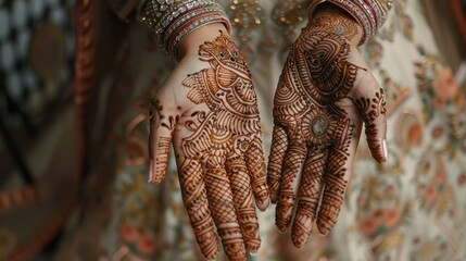Elegant Henna Art on Hands Showcasing Cultural Rituals and Beautiful Patterns in Traditional Attire