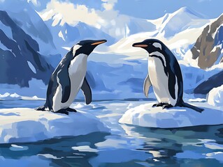 Fototapeta premium Two charming penguins standing gracefully on a vast expanse of ice