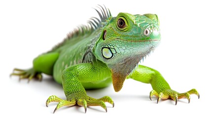 Fototapeta premium Elegant green iguana posing against crisp white background for contrast