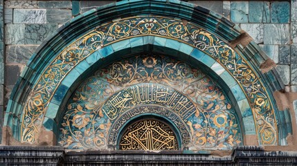 Obraz premium Intricate Architectural Design Featuring Arabic Calligraphy and Vibrant Tile Patterns in Historical Context