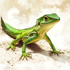 Fototapeta premium Lizard relaxing on soft, warm sand under the sun, capture of serene desert atmosphere