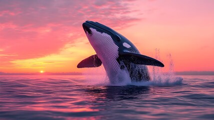 Fototapeta premium Majestic whale breaching out of ocean water against a vibrant sunset background