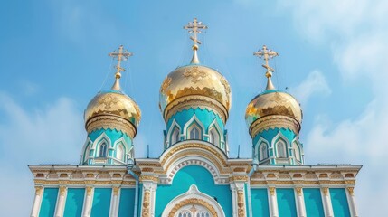 Obraz premium Magnificent Church with Golden Domes and Turquoise Facade Against a Bright Sky