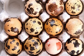 Fototapeta premium Raw quail eggs in egg holder from above