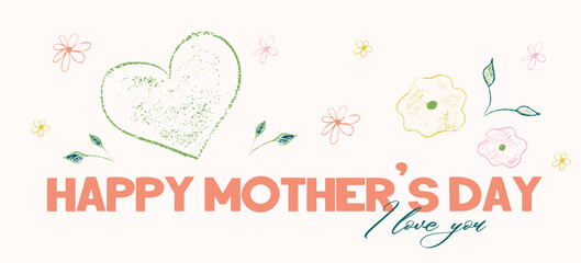 Fototapeta premium Trendy crayon Mother's Day in nude, beige color. Spring crayon flower for holiday design. Mother day design with chalk texture. Vector illustration template