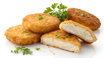 Golden, crispy chicken patties or fish cakes, perfectly fried in breadcrumbs, isolated on a clean white background.