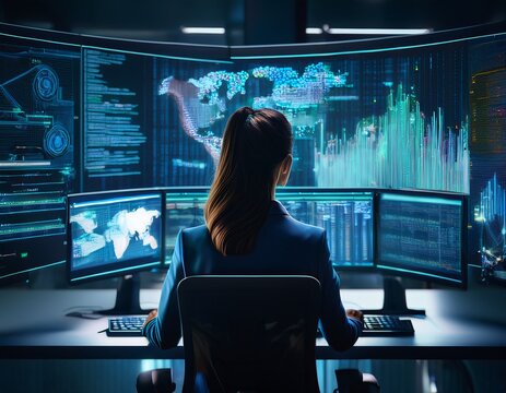 Cybersecurity Expert Analyzing Data on Dual Monitors in High-Tech Office with Dark Theme and Futuristic Interface
