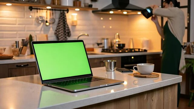 Laptop Computer Monitor Standing on a Desk with a Green Screen Chroma key. Green Screen Display
