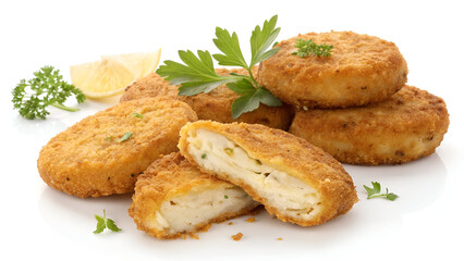 Golden, crispy chicken patties or fish cakes, perfectly fried in breadcrumbs, isolated on a clean white background.