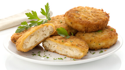 Golden, crispy chicken patties or fish cakes, perfectly fried in breadcrumbs, isolated on a clean white background.