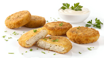 Golden, crispy chicken patties or fish cakes, perfectly fried in breadcrumbs, isolated on a clean white background.