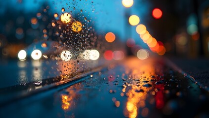 Abstract Night City Rain Reflections with Blurred Lights