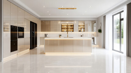 Luxurious modern kitchen with sleek cabinetry, elegant lighting, and spacious layout. design features central island, high end appliances, and bright atmosphere