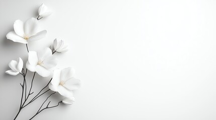 Obraz premium Elegant white flowers on a minimalist white background, creating a serene and calming atmosphere.