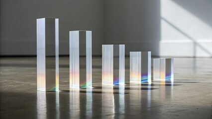 A series of geometric prisms reflecting faint bar chart silhouettes, capturing the essence of data analytics in a subtle, artistic way