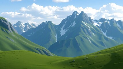 Majestic Mountain Range with Lush Green Valley under a Blue Sky