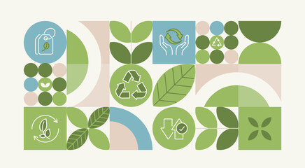 Recycling day. concept for world environment and sustainable development, recycling symbols, bins, plastic bottles, and carbon emission reduction. Illustrated with a green pattern natural shapes.