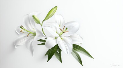 Fototapeta premium Elegant white lilies and green leaves on a soft background, symbolizing purity and beauty in nature.
