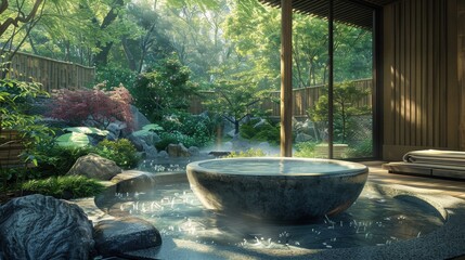 Serene Zen Garden with Tranquil Water Feature and Lush Greenery for Peaceful Meditation and Relaxation