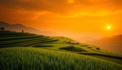 Fototapeta premium Golden Hour Over Rice Terraces of Vietnam, A Serene Landscape
