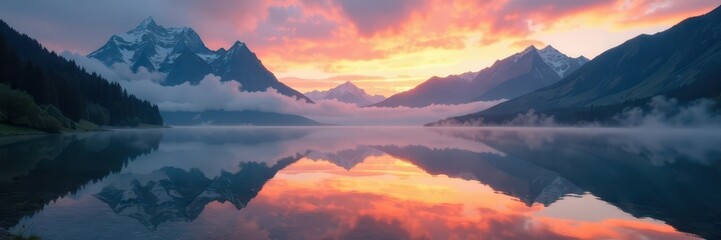 Fototapeta premium Misty sunrise, serene lake reflecting Tatra peaks, sky, mist, holiday
