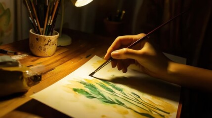 Fototapeta premium Hand Holding Brush Painting Green and Yellow Watercolor Flowers