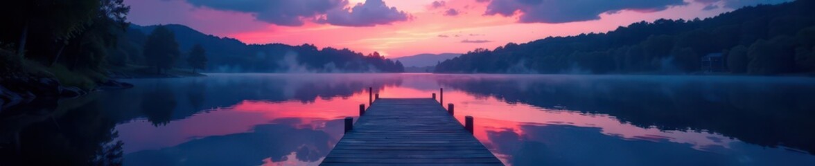 Twilight lake, serene dock, night swim reflections,  blue,  lake, calm