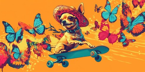 Fototapeta premium A small dog wearing a hat skates with colorful butterflies around