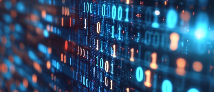 Digital technology concept with binary code superimposed over computer monitor screen