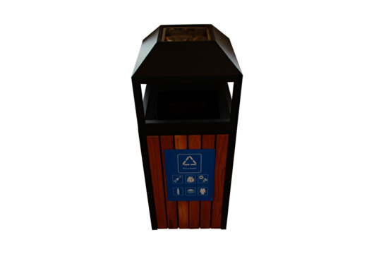 Rubbish bin wood big ashtray Rectangular shape tall. Message Recyclable, Beverage bottles, milk cartons, metal nuts, paper, textiles, plastic bottles. Isolated on cut out PNG or transparent background