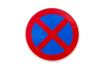 Do Not Enter or no entry Blue and red cross aluminum circle sign isolated on cut out PNG or transparent background. Rules for road users. Regulatory signs for vehicular traffic sign.