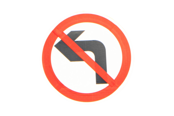 Don't left turn sign white aluminum circle isolated on cut out PNG or transparent background. Traffic signs. Prohibited from turning left. symbol that must be respected. Road sign restricts freedom.