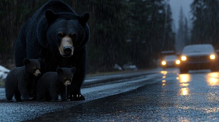 Majestic Black Bear with Cubs Along Roadside: Wildlife Encounter Snapshot for Nature Enthusiasts and Animal Lovers